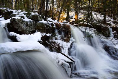 Scenic view of waterfall in forest during winter