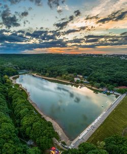 High angle view of lake against sky during sunset