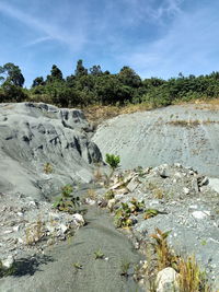 Scenic view of rocky shore against sky