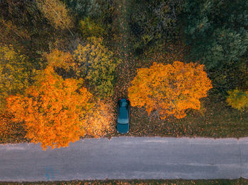 Aerial view of road with blurred car in autumn forest at sunset. amazing landscape with rural road