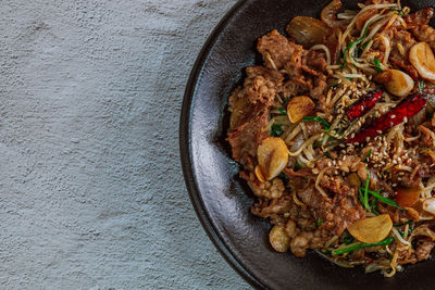 High angle view of food in bowl on table