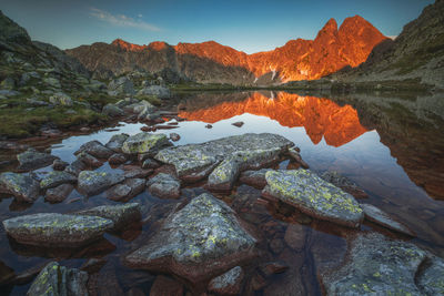 Scenic view of lake against sky during sunset