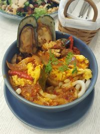 High angle view of food in plate on table