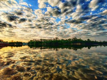 Scenic view of lake against sky at sunset