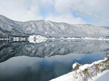 Scenic view of lake and mountains against sky