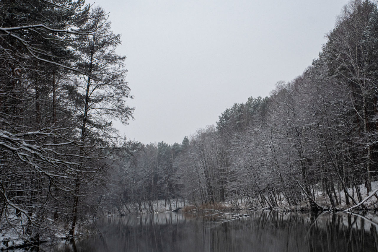 SCENIC VIEW OF LAKE AGAINST CLEAR SKY DURING WINTER