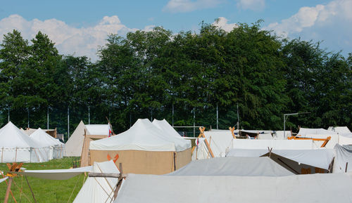 Tent camp and market stall at a medieval spectacle