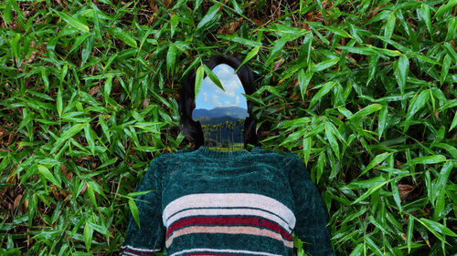 Digital composite image of mountains on woman face lying amidst plants