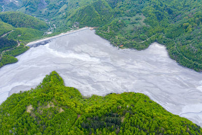 Aerial view of a big waste decanting lake, tailing pond. mining water discharged from copper pit 