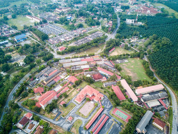 High angle view of houses in town