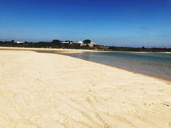 Scenic view of beach against clear blue sky