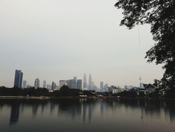 Scenic view of lake by buildings against sky