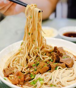 Close-up of noodles served in bowl