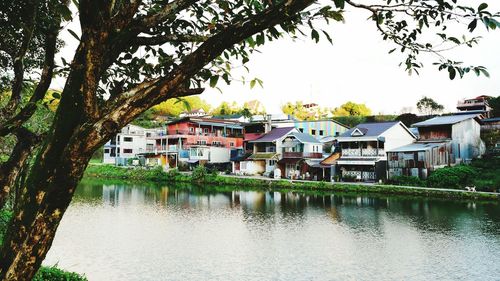 Houses by river and buildings against sky