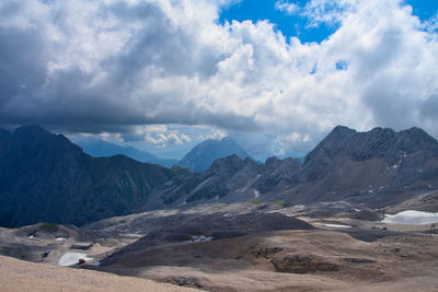 Scenic view of mountains against cloudy sky