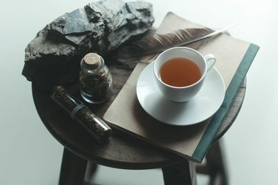 High angle view of tea cup on table