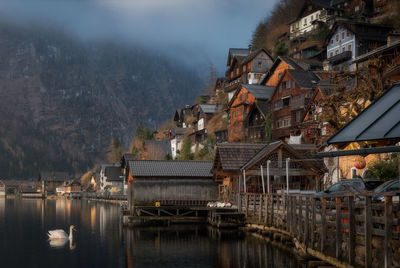 Morning glow by hallstatt lake in austria