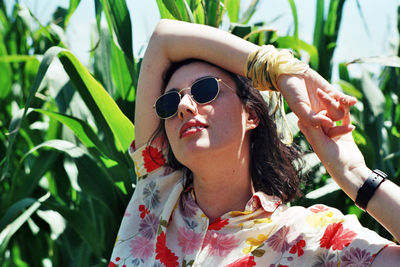 The girl posing on a corn field