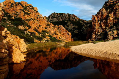 Scenic view of lake and mountains against sky