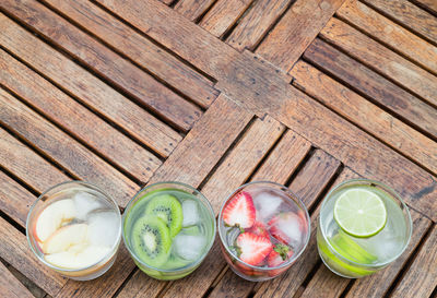 High angle view of drinks on wooden table