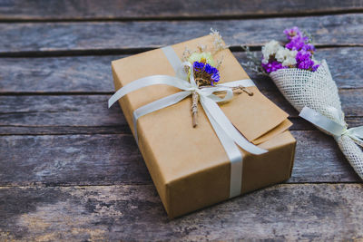 High angle view of paper in box on table