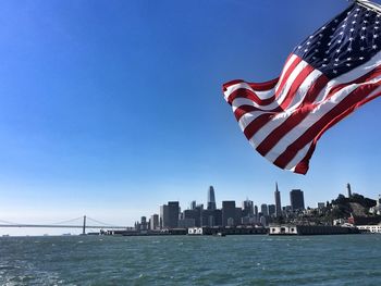 Scenic view of sea and buildings against clear blue sky