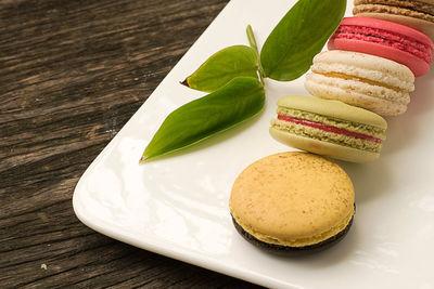 Colorful and delicious french macaron cookies varieties on a wooden table