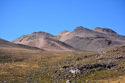 Scenic view of mountains against clear blue sky