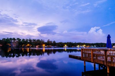 Scenic view of lake against sky at dusk