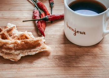 High angle view of breakfast on table