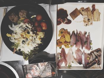 High angle view of meal served on table