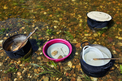 High angle view of food on barbecue grill