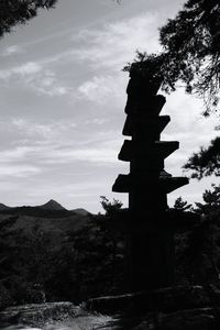 Low angle view of trees against cloudy sky