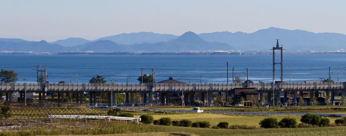 Scenic view of sea and mountains against sky