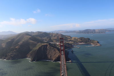 Aerial view of golden gate bridge over sea against sky on sunny day