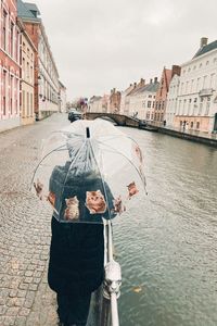 Rear view of woman with umbrella walking on street