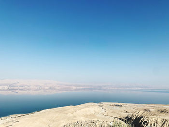 Scenic view of sea against clear blue sky