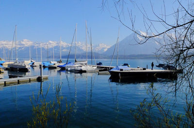 Boats moored on lake