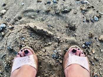 Low section of woman standing on sand