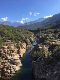 Scenic view of river amidst mountains against sky