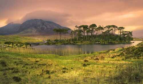 Landscape scenery, twelve pines island and mountains in the background at derryclare galway, ireland