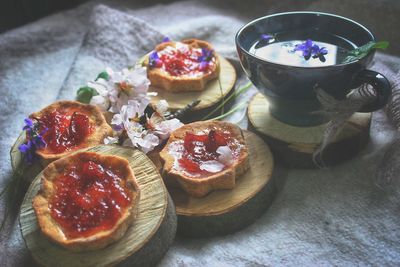 High angle view of breakfast on table