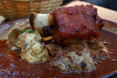 Close-up of served food in plate