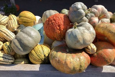 High angle view of pumpkins for sale at market stall