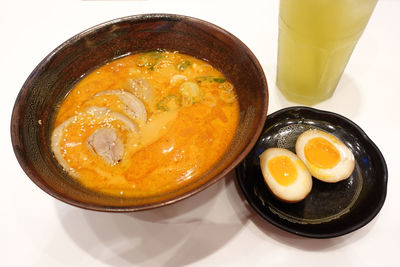 High angle view of breakfast served on table