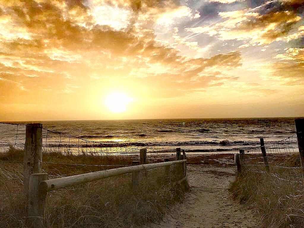 sea, sunset, scenics, tranquil scene, beauty in nature, beach, tranquility, nature, horizon over water, water, sky, outdoors, cloud - sky, no people, sun, sand, sunlight, wooden post, grass, day