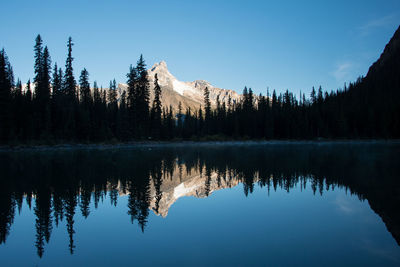 Scenic view of lake against clear blue sky