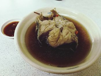 High angle view of soup in bowl on table