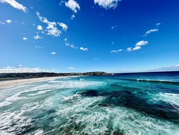 Scenic view of sea against blue sky