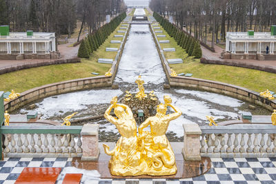 View of parks and fountains of peterhof in winter. central alley of grand cascade fountains 